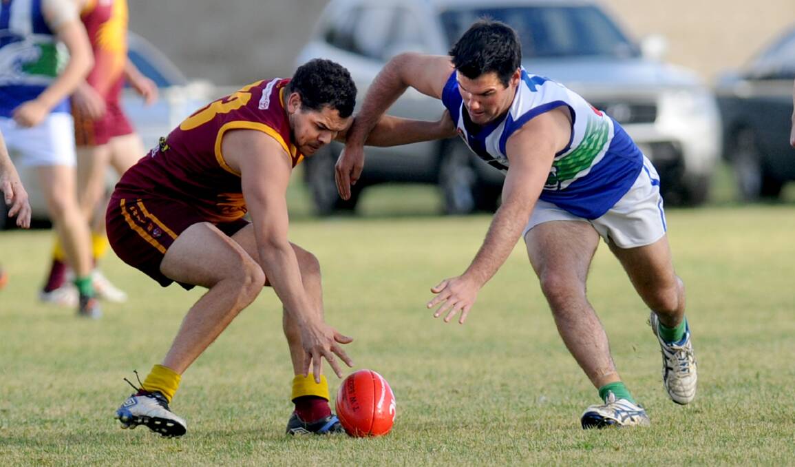 POSSIBLE INCLUSION: Border Districts’ on-baller Elijah Ware, left, could return for its clash with Lucindale on Saturday. Picture: SAMANTHA CAMARRI