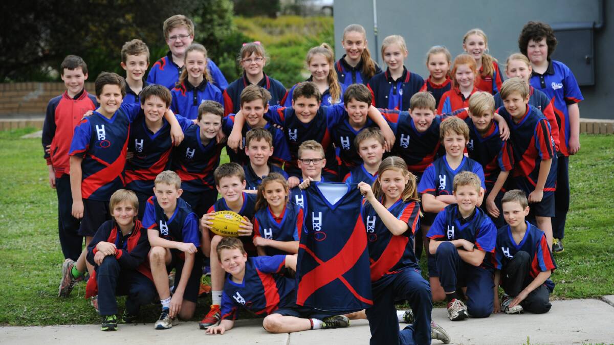 SYDNEY-BOUND: Horsham Primary School will send a football team and support staff – all students – to Sydney later this month. Grade five student Holly Ross, front, shows off one of the jumpers students will use. Picture: PAUL CARRACHER