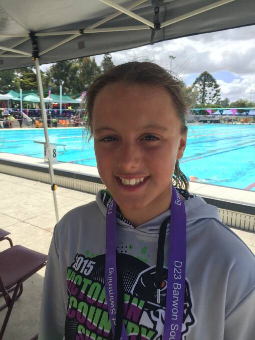QUICK: Horsham Sharks squad member Miette Hopper, 12, at the Victorian Country Swimming Championships in Geelong. Miette has set two personal best times and qualified for the 100-metre breaststroke final. Picture: CONTRIBUTED