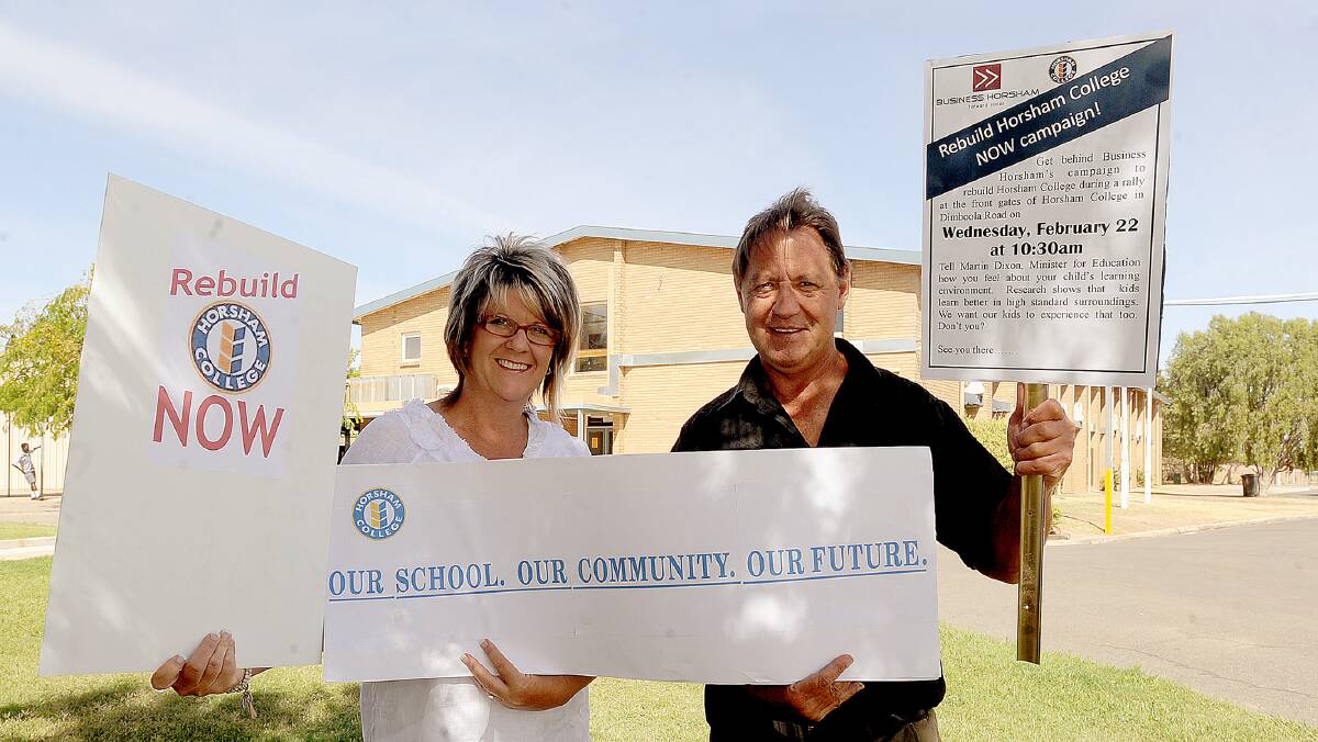 READY TO RALLY: Business Horsham executive member Andrea Cross and chairman Robin Barber are calling for Wimmera people to rally to rebuild Horsham College in anticipation of Education Minister Martin Dixon's visit to the college in February 2012. Picture: SAMANTHA CAMARRI