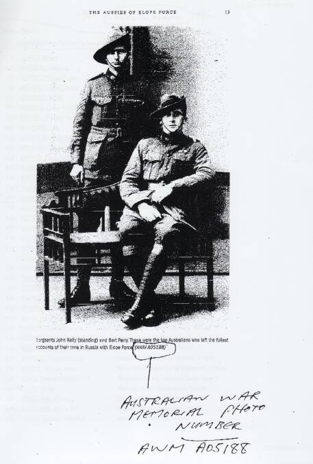 Sergeant Bertram Perry, sitting, landed at Gallipoli on the first day of the campaign in 1915. He later volunteered for a secret mission in Russia alongside John Kelly, standing. Picture: AUSTRALIAN WAR MEMORIAL
