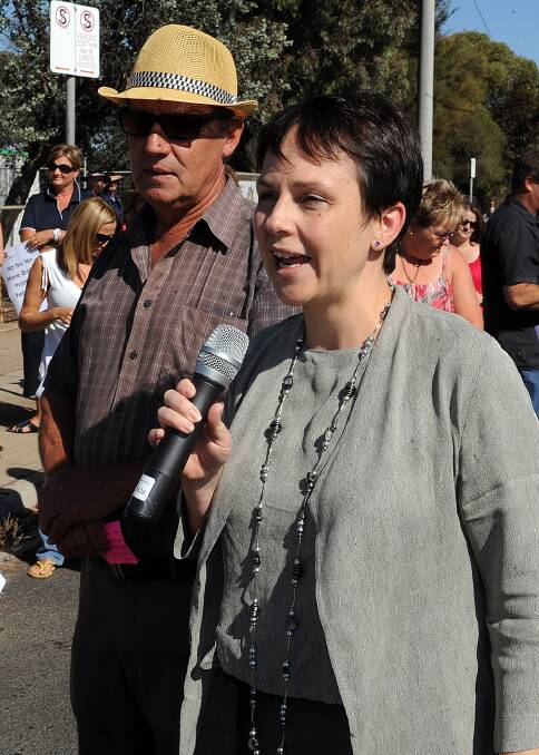 CALL FOR FUNDING: Member for Western Victoria Jaala Pulford addresses the crowd waiting for Education Minister Martin Dixon to arrive at Horsham College in February 2012. Picture: PAUL CARRACHER
