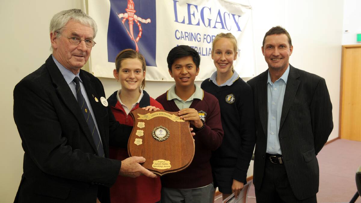 GIFT OF THE GAB: Wimmera Legacy president Michael Krause with joint winners Louise Hobbs and Gerard Natividad, runner-up Nia Harrison and sponsor Matt Latus of Latus Jewellers at this year’s Wimmera Legacy Junior Public Speaking Award. Picture: PAUL CARRACHER