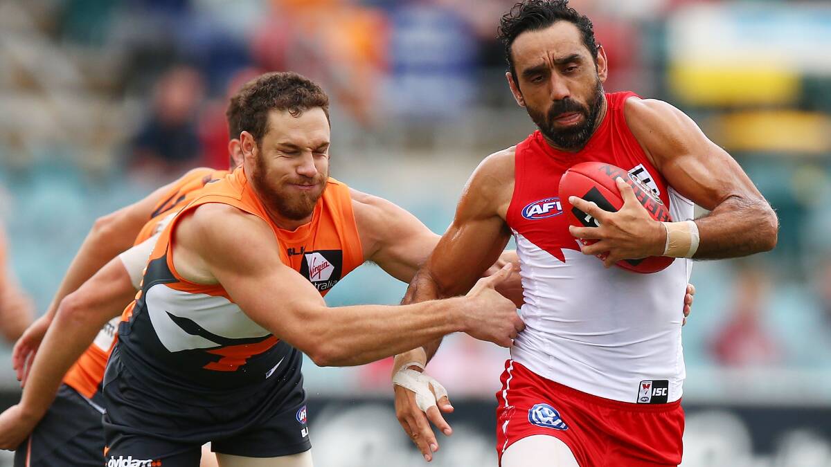 Wimmera export Adam Goodes, pictured playing against the Greater Western Sydney Giants during the NAB Challenge, is likely to stand out for the Swans again this AFL season. Picture: GETTY IMAGES