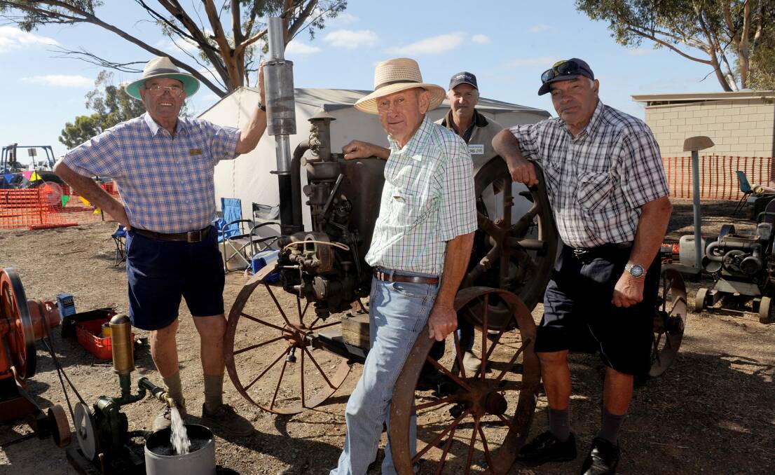 Bob Gooding, Graham Gellatly, Geoff Starick and Ian Baker from the Dunmunkle Sump Oilers prepare for yesterday's TractorCade. Picture: SAMANTHA CAMARRI