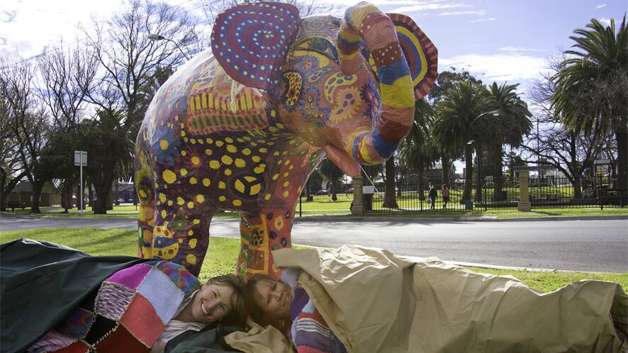 SLEEPING OUT: Wimmera Uniting Care Housing team member Sandra McDonald and program leader Sue Martin get ready to sleep out at May Park with Homelessness mascot Mali the elephant. Picture: BELINDA ELLIOTT