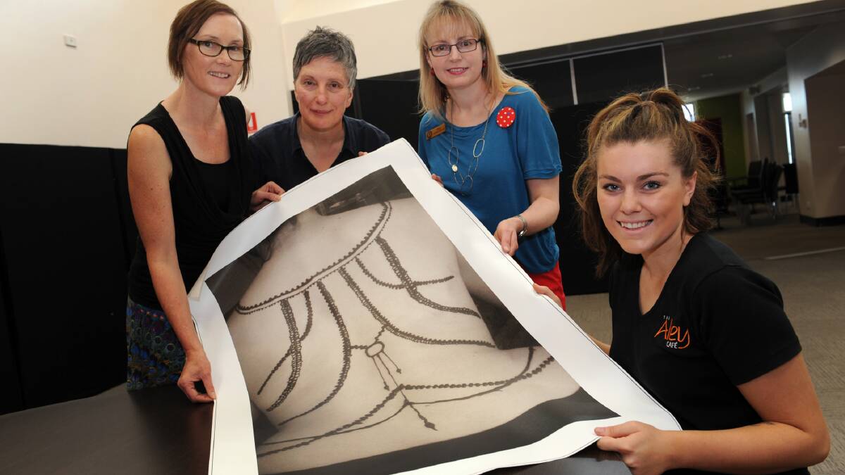 TOP DESIGNS: Horsham College student Deni Sordello, front, shows off her Top Designs project to Horsham Regional Art Gallery curator Alison Eggleton, Horsham College VCE art teacher Sue Pavlovich and Tina Fitzgerald. Picture: PAUL CARRACHER