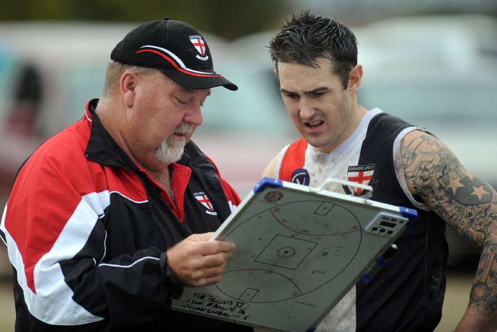 Mal Coutts in his former job of Edenhope-Apsley coach. The Saints will face Coutts' new team Pimpinio on Saturday. Picture: PAUL CARRACHER