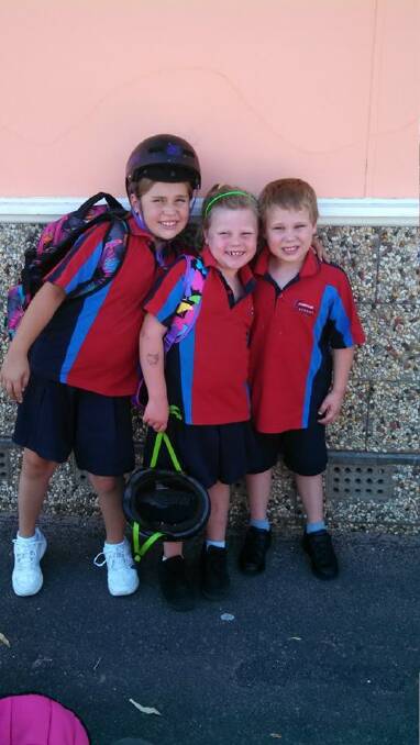 Cousins and Horsham Primary School Rasmussen campus students Holly Britten, Mia-Jade Gilbert and Landen Gilbert after their first day of school.