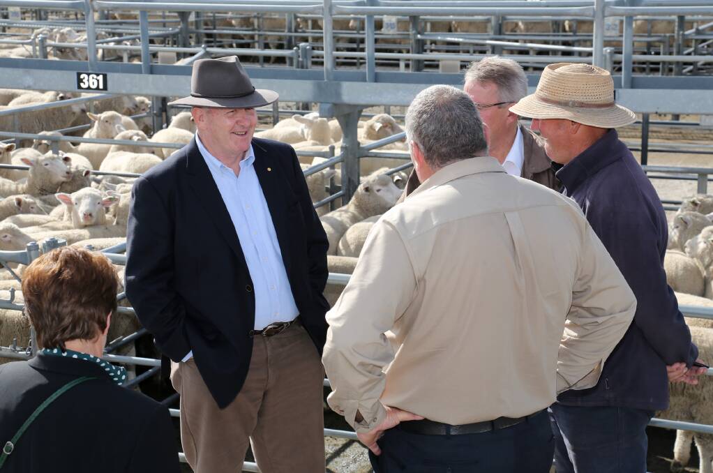 Lynne and Peter Cosgrove speak with farmers at the Horsham Regional Livestock Exchange. Picture: THEA PETRASS