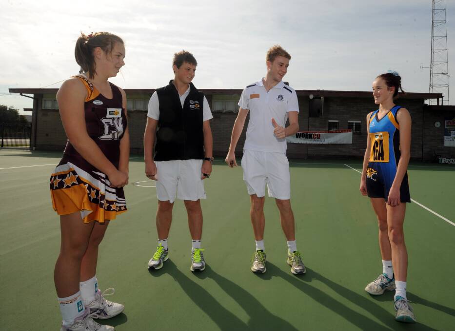 Laharum umpire Daniel Smith, second from left, with Warrack Eagles captain Jessie Koschitzke, Riley Richardson and Nhill captain Shae-Lea Fischer last year. Picture: PAUL CARRACHER
