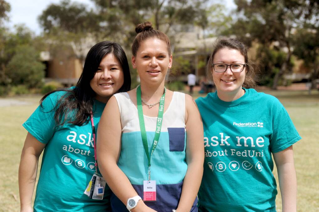 FEBRUARY: Evie Lo, Millie Rae and Monique Schwedes are mentors at Fed Uni for orientation week.