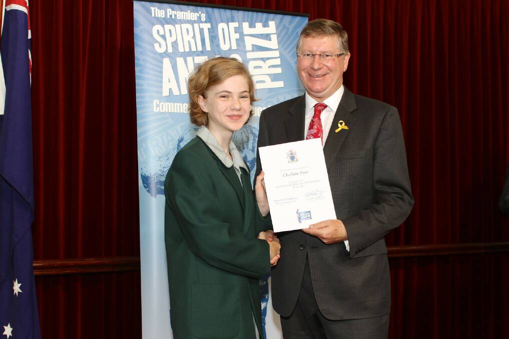 ANZAC SPIRIT: St Brigid’s College student Charlotte Frost receives the 2013-14 Premier’s Spirit of Anzac Prize from Premier Denis Napthine.
