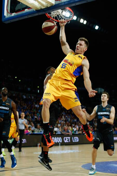 Mitch Creek throws down a big dunk for the Adelaide 36ers on Thursday night. Unfortunately for the Sixers, Creek couldn't inspire the team to victory in its semi-final series against the New Zealand Breakers. Picture: GETTY IMAGES