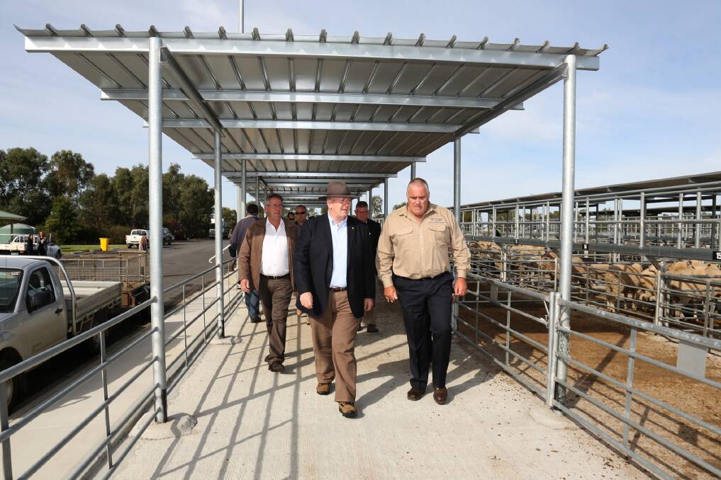 Horsham Mayor David Grimble and Governor-General Peter Cosgrove are shown through the Horsham Regional Livestock Exchange by Paul Christopher. Picture: THEA PETRASS