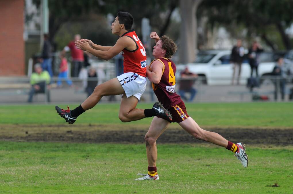 Stawell's Jarrod Illig marks in front. The team fell short to reigning premier Dimboola at the weekend. Picture: PAUL CARRACHER
