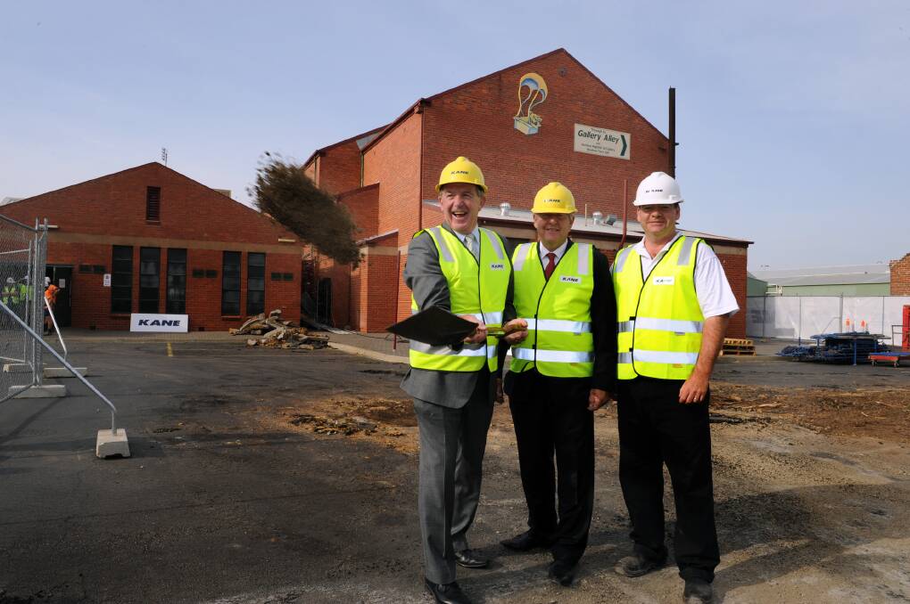PROJECT STARTS: Member for Lowan Hugh Delahunty, Horsham Mayor David Grimble and Kane Constructions project manager Peter Mann help mark the official start to construction on the $19.6-million Horsham Town Hall redevelopment on Wednesday morning. Picture: PAUL CARRACHER
