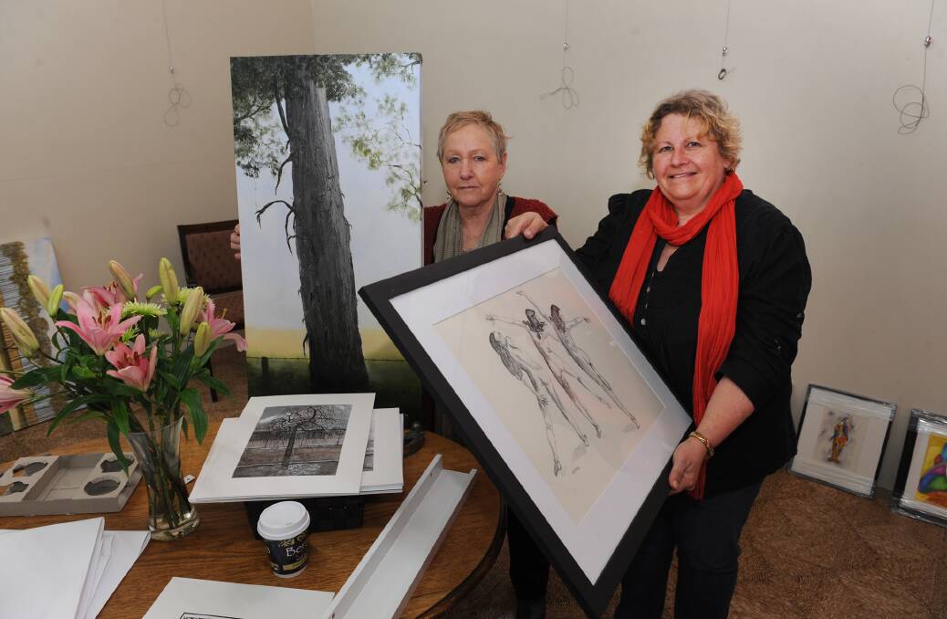 SHOWCASE: Judith Parker and Elizabeth Lee put up their exhibition at Redrock Books and Gallery. Picture: PAUL CARRACHER