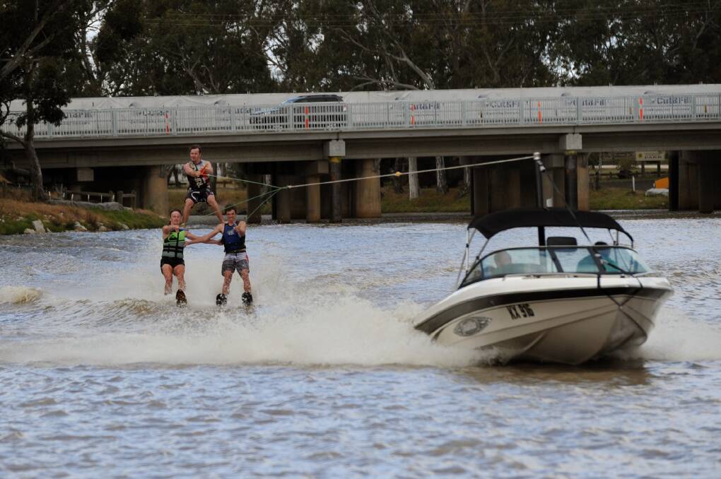 Natimuk Ski Club members Rhona Conboy, Nick Hinch and Alex Cameron on Wimmera River in Horsham during the Kannamaroo last year. Picture: PAUL CARRACHER