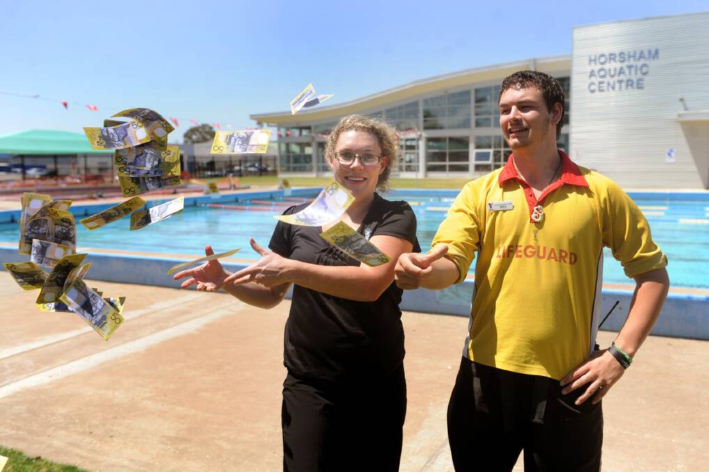 FEBRUARY: Wimmera Uniting Care's Adele Holland with Horsham Aquatic Centre lifeguard Alex Williams after the centre's Australia Day pool party raised nearly $2000 for the bushfire appeal.