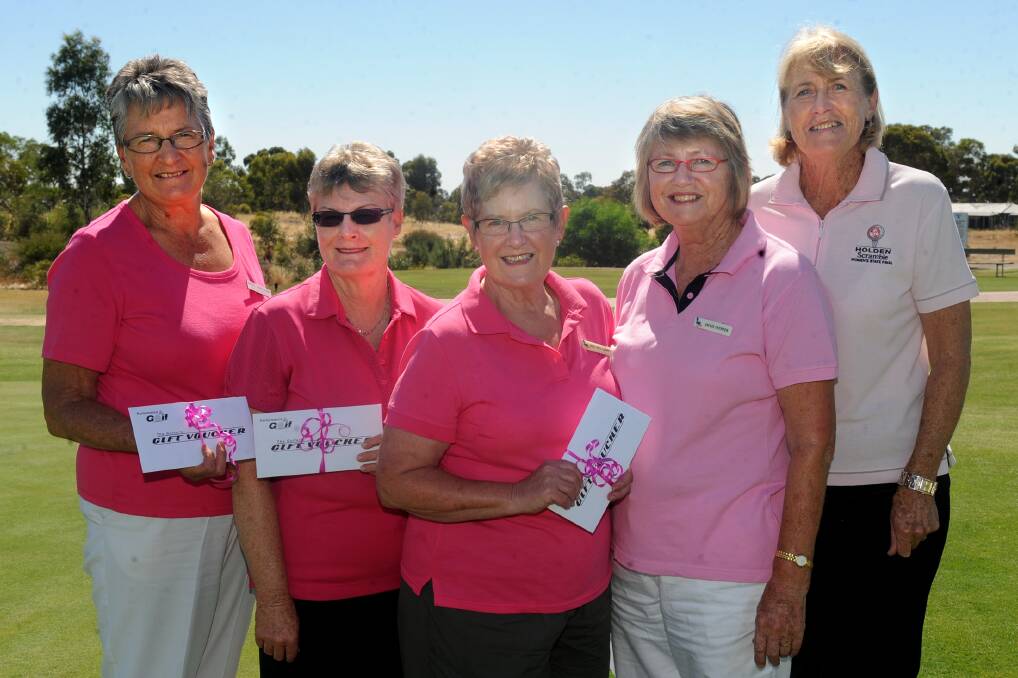 WINNERS: Phyl Loeliger, Rhonda Gebert, Pat Williams, Jackie Fechner and June Gross win the back nine at Horsham Golf Club’s Pink Lady Day on Monday. Pictures: SAMANTHA CAMARRI