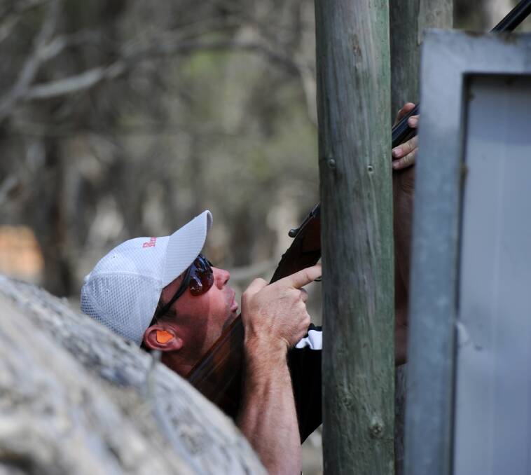 Bill Jorgensen has his eye on the target at Natimuk Field and Game's national side-by-side shotgun titles.
