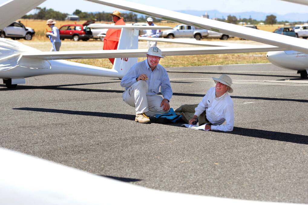 BIG GRINS: Bendigo Gliding Club's Paul Dilks and Geelong Gliding Club's Wayne Mackley are all smiles at the Horsham Week Gliding Competition.