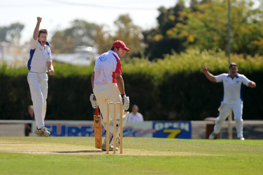 Rup-Minyip's Clinton Midgley celebrates too early - Homers batsman Lachie Jones is found not out.