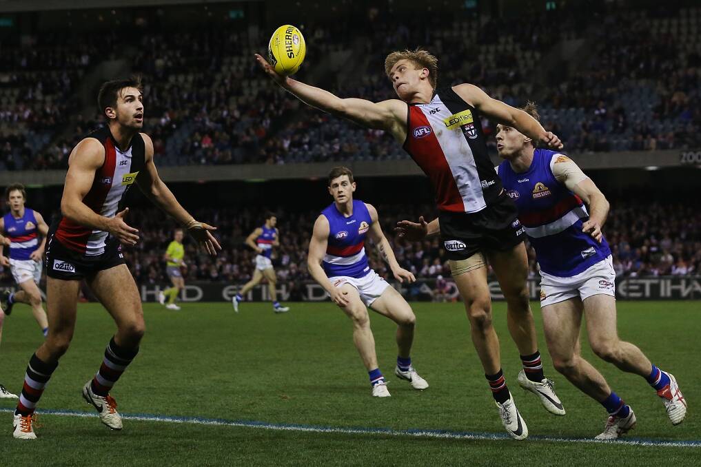 Sebastian Ross marks the ball during the round 20 AFL match between St Kilda and the Western Bulldogs on Sunday. Ross believes the future is bright at the Saints. Picture: GETTY IMAGES