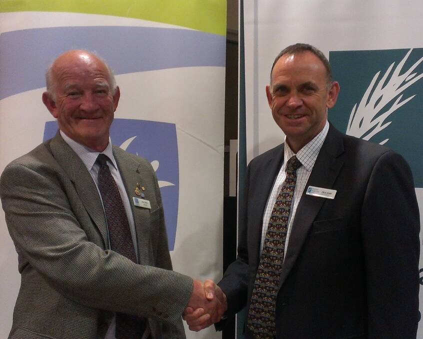 2020 VISION: Wimmera Health Care Group Foundation chairman Don Johns and health group chief executive Chris Scott celebrate two important announcements at Wimmera Base Hospital on Tuesday night. Picture: CONTRIBUTED