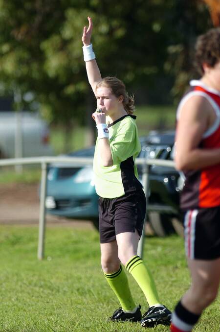 WHISTLE-BLOWER: Umpire Olivia Dalgleish in her first game in 2007. She will take the field with all-female central and boundary umpires on Saturday in a Wimmera first. Picture: MICHAEL RUDOLPH