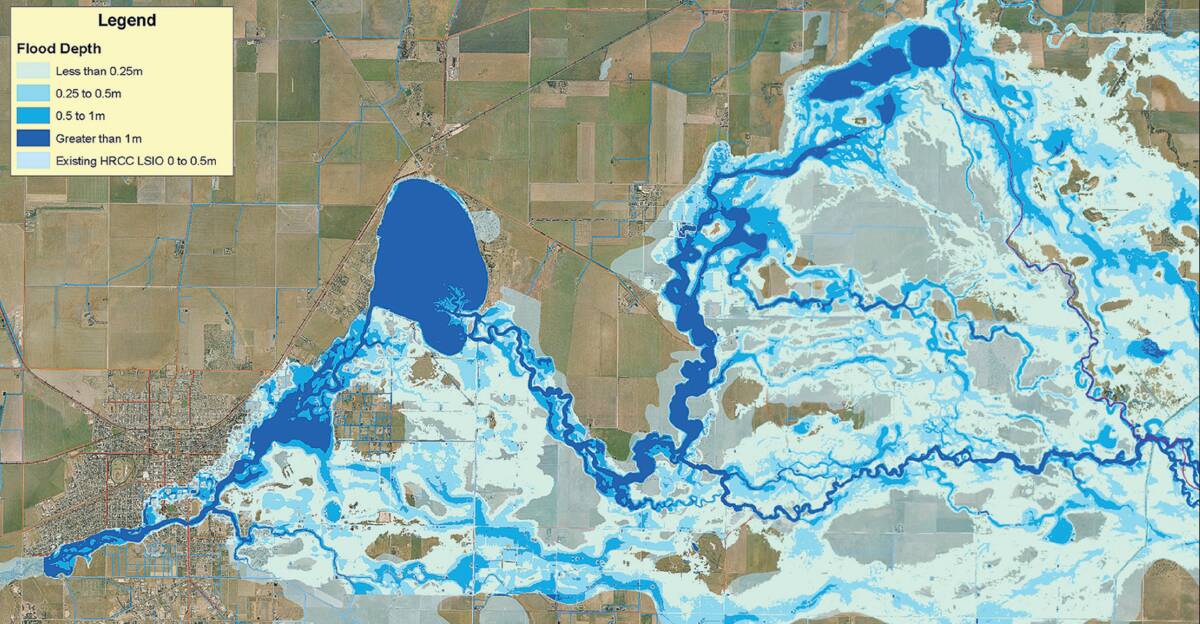 WORST CASE: The map shows the flood risk for Horsham, bottom left, and land east of the city in a ‘one-in-100-year’ flood. Map: WIMMERA CATCHMENT MANAGEMENT AUTHORITY