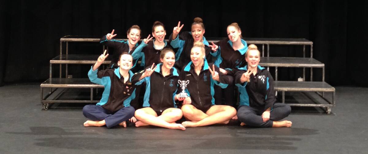 IN THE SPOTLIGHT: Horsham Calisthenics College’s intermediate team came second at the Calisthenics Victoria state championships in Melbourne. From back, Neve Lawson, Maddison Cook, Kaitlyn Gebert and Emily Hutchinson; and front, Sarah Castle, Esther Craig, Alana Hermans and Kathryn Op de Coul. Picture: ERIN McFADDEN