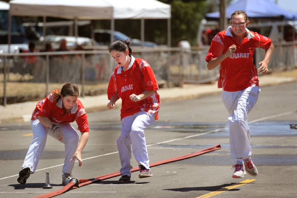 Tahlia Friebel, Evenne Cosgriff and Peta Chaplin of Ararat compete at the CFA District 17 Marshal Day.