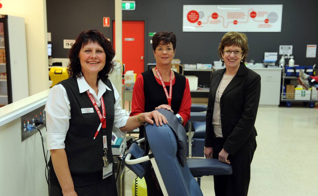 FAREWELL: Horsham Blood Donor Centre staff Jill Cooper and Tracey O’Callaghan and state manager Maureen Bower take a break during Mrs Cooper’s final day. She has finished after 20 years of service. Picture: PAUL CARRACHER