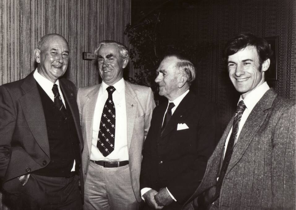 NEWSPAPER STALWARTS: Pictured from left are Roy Withell, Allan Lockwood, Frank Lockwood and Keith Lockwood on the occasion of Frank Lockwood’s retirement in 1984. Frank and Allan were founding manager and editor of the Wimmera Mail-Times in 1959. Roy Withell helped the Lockwoods launch the bi-weekly West Wimmera Mail in Horsham.