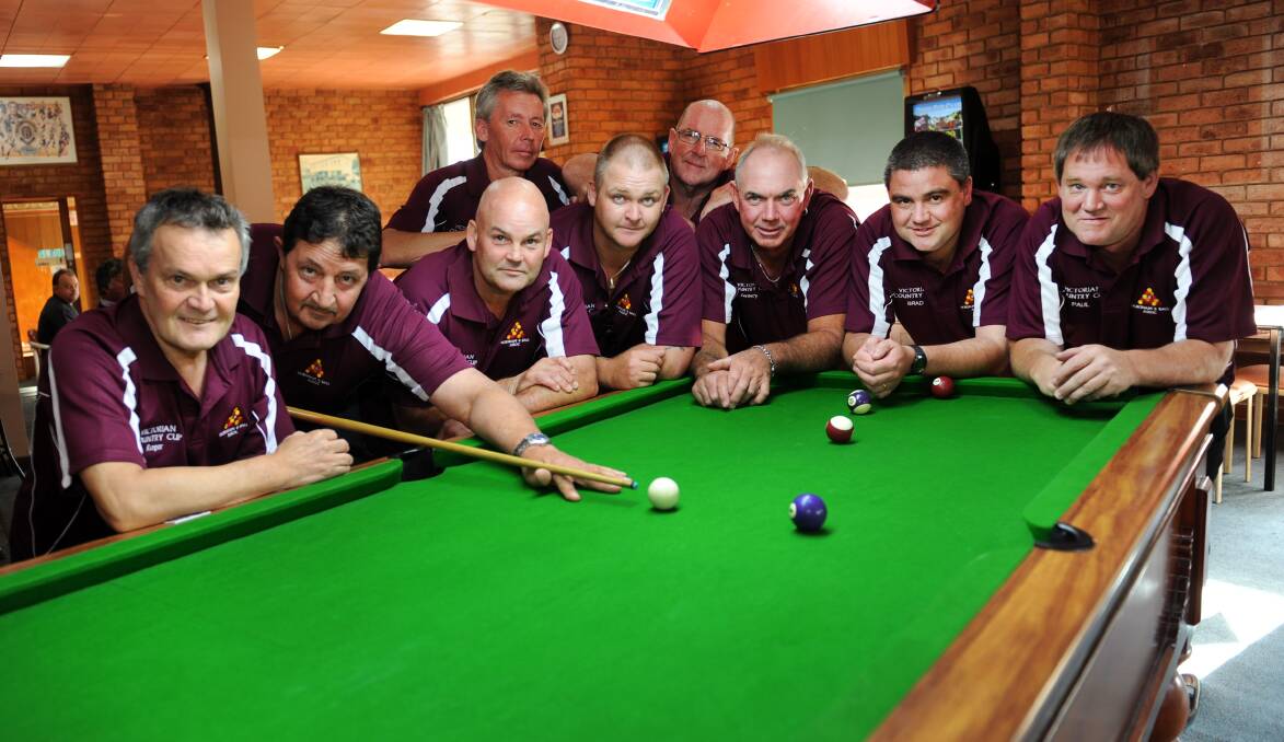 ON CUE: From left, Roger Kotz, John Walker, Randell Lee, Robert Taylor, Rod Zerbst, Brad McDonald, Paul Sommerville and back, Hannu Oksala and Barry Purcell are part of two Horsham Eight Ball Association teams that will play at the country cup in Geelong from tomorrow. Absent are Mick Little, Darren Robertson, Brian Reddie, Rodney Lee and Phil Barnard. Pictures: PAUL CARRACHER