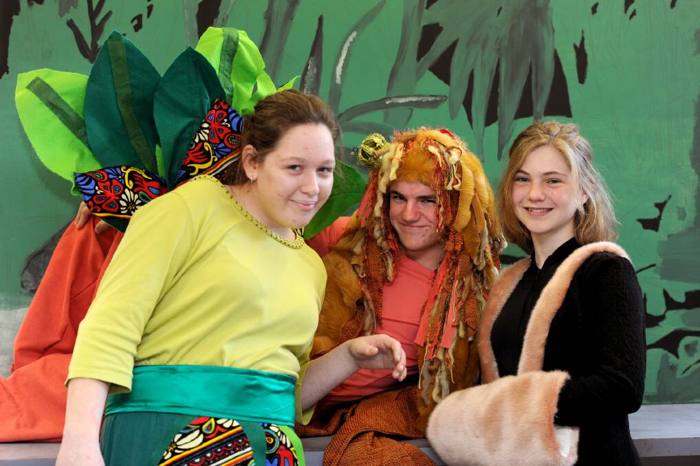 REHEARSAL: St Brigid’s College students Racheal Krahe, as the Jungle Queen, Hayden Dalgleish, as King Louie, and Charlotte Frost, as Bagheera, prepare for the school’s production of The Jungle Book at Wesley Performing Arts Centre in Horsham later this month. Picture: SAMANTHA CAMARRI