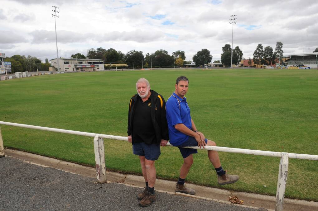 HISTORY: Horsham RSL Diggers life member and long-time trainer Gerry McCallum and Natimuk United chairman Andrew Carine at Horsham City Oval. The oval will play host to the first ever home game for Natimuk United, as well as the first Horsham District Football Netball League home and away match under lights on Saturday. Picture: SAMANTHA CAMARRI