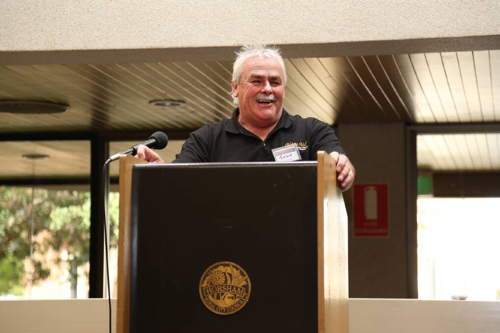 Blazeaid volunteer John Lillico speaks at a Grampians bushfire civic reception on Tuesday.