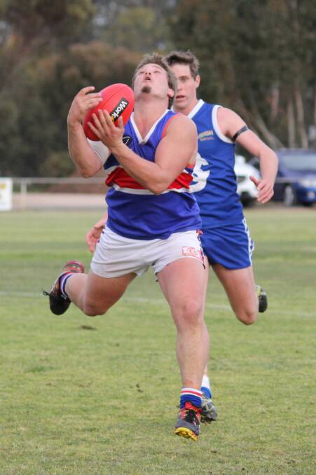 GRAB: Laker Ben Marra goes for a chest mark during their 46-point loss to Beulah on Saturday. Picture: LES GRAETZ