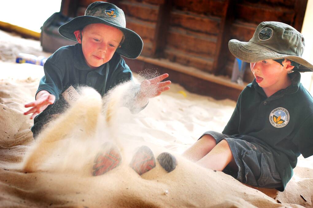 2005: Dimboola Pimpinio Primary School grade one student Hayden Withers, 6, and prep Luke Ervin, 5, enjoy lunchtime in the sandpit.