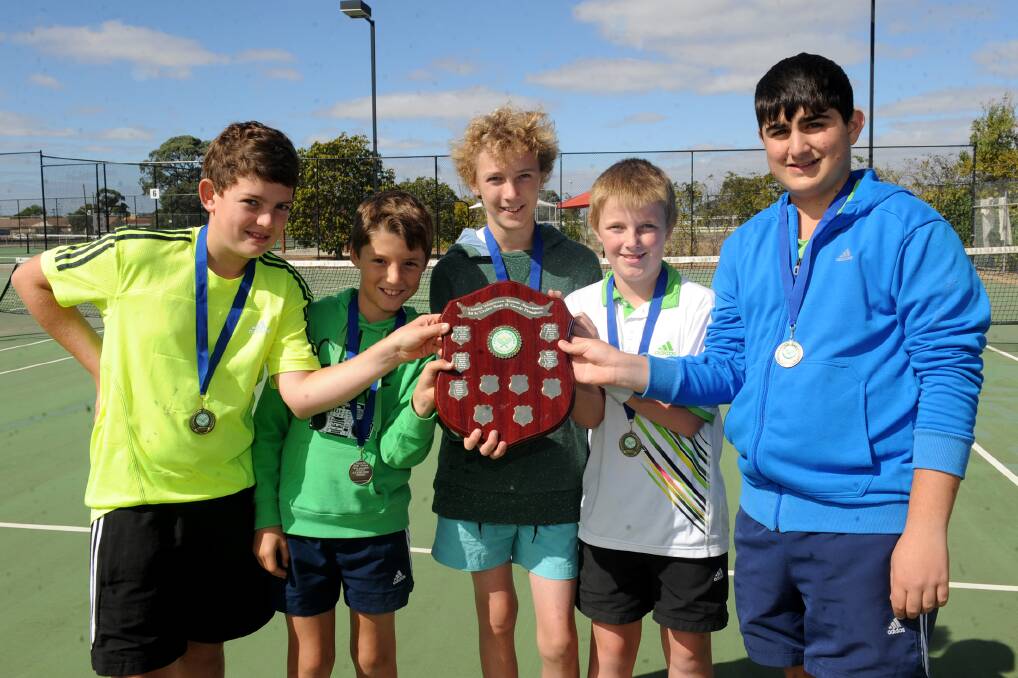 BOYS 14 AND UNDER B GRADE: Horsham Lawn premiers, from left, Callum Hayes, Jordan Toll, Toby Riddell-Both, Nick Brown and Lachie Freijah. Picture: SAMANTHA CAMARRI