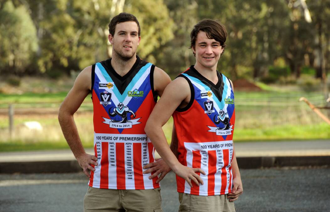 100 YEARS OF HISTORY: Swifts captain Scott Carey, left, and team-mate Josh Newton model special 100-year anniversary jumpers that will be worn against Rupanyup on Saturday. The club will host a post-match function at Stawell Entertainment Centre to commemorate the milestone. Picture: PAUL CARRACHER