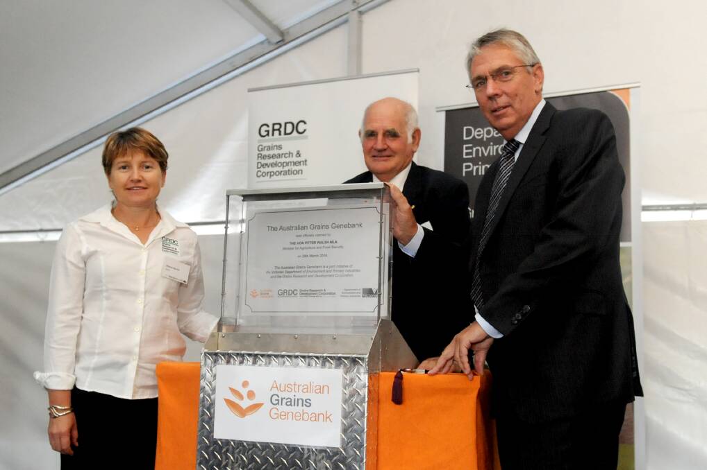 GRAND OPENING: Grains Research and Development Corporation director Sharon Starick, Plant Health Australia chairman Tony Gregson and Minister for Agriculture and Food Security Peter Walsh open the $6-million Australian Grains Genebank in Horsham.Picture: SAMANTHA CAMARRI