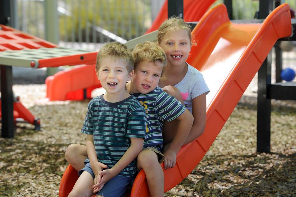 PLAY TIME: Haven Bush Playgroup members Maverick Kerr, 4, of Haven, Riley James, 5, and Lilly James, 7, of Horsham have a play. Their playgroup, originally created after the Black Saturday fires, has changed its billing structure after bushfire funding ran out. Picture: SAMANTHA CAMARRI