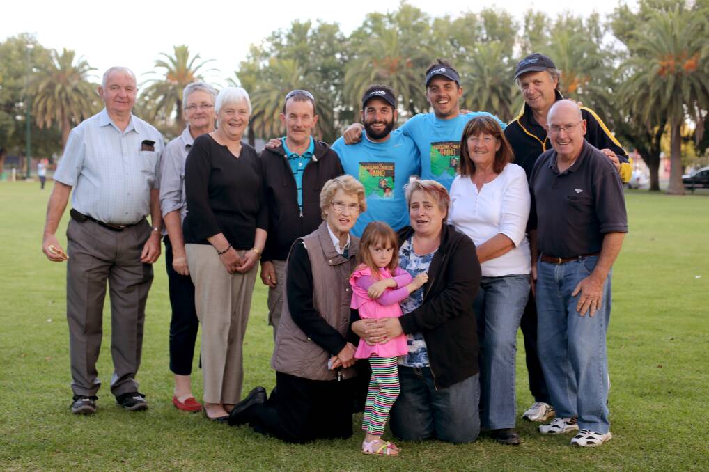 GROUP EFFORT: Toby Decker, Jennifer Noonan, Marcia Carrick, John Hall Florence Decker, Pollyana Thomas, Cadence Barker, Veronica Barker, Ken Solly and Laurie Carrick with all came to meet motor neurone disease fundraisers Matt Sofoulis and Tim Solly, centre.
