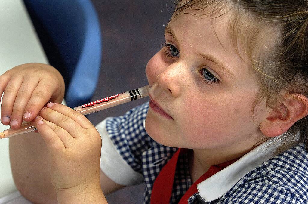 2008: Rachelle Ough ponders her next move during her first day of prep at  Horsham 298 Primary School.