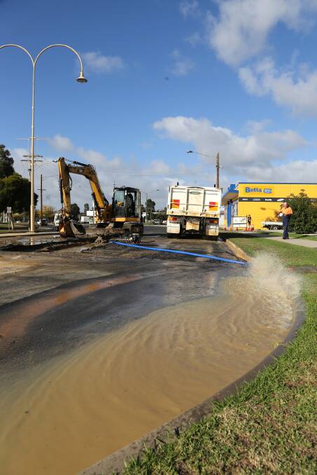The burst water main on the corner of O'Callaghan Parade and Firebrace Street, Horsham. Picture: THEA PETRASS