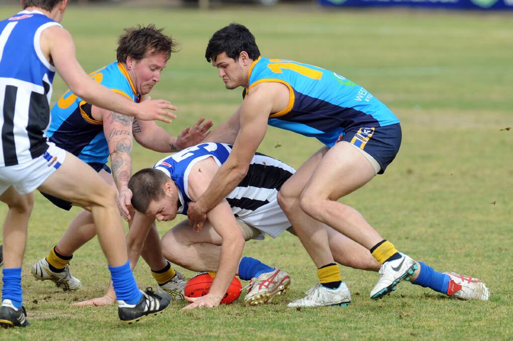 BACK: Nhill will welcome back Andrew Watson, left, from soreness at the weekend. Picture: PAUL CARRACHER